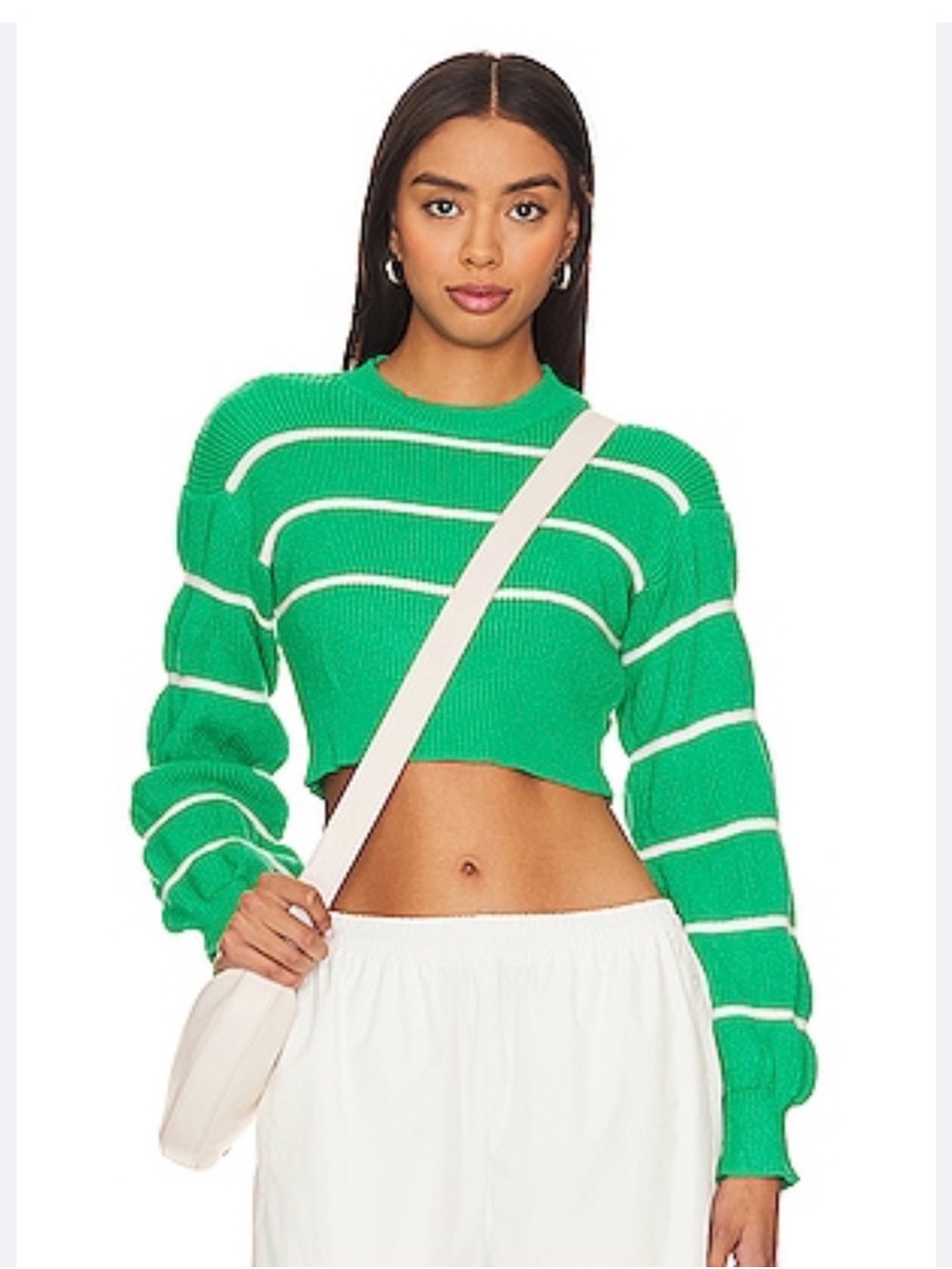 superdown Green & White Striped Cropped Crew Sweater